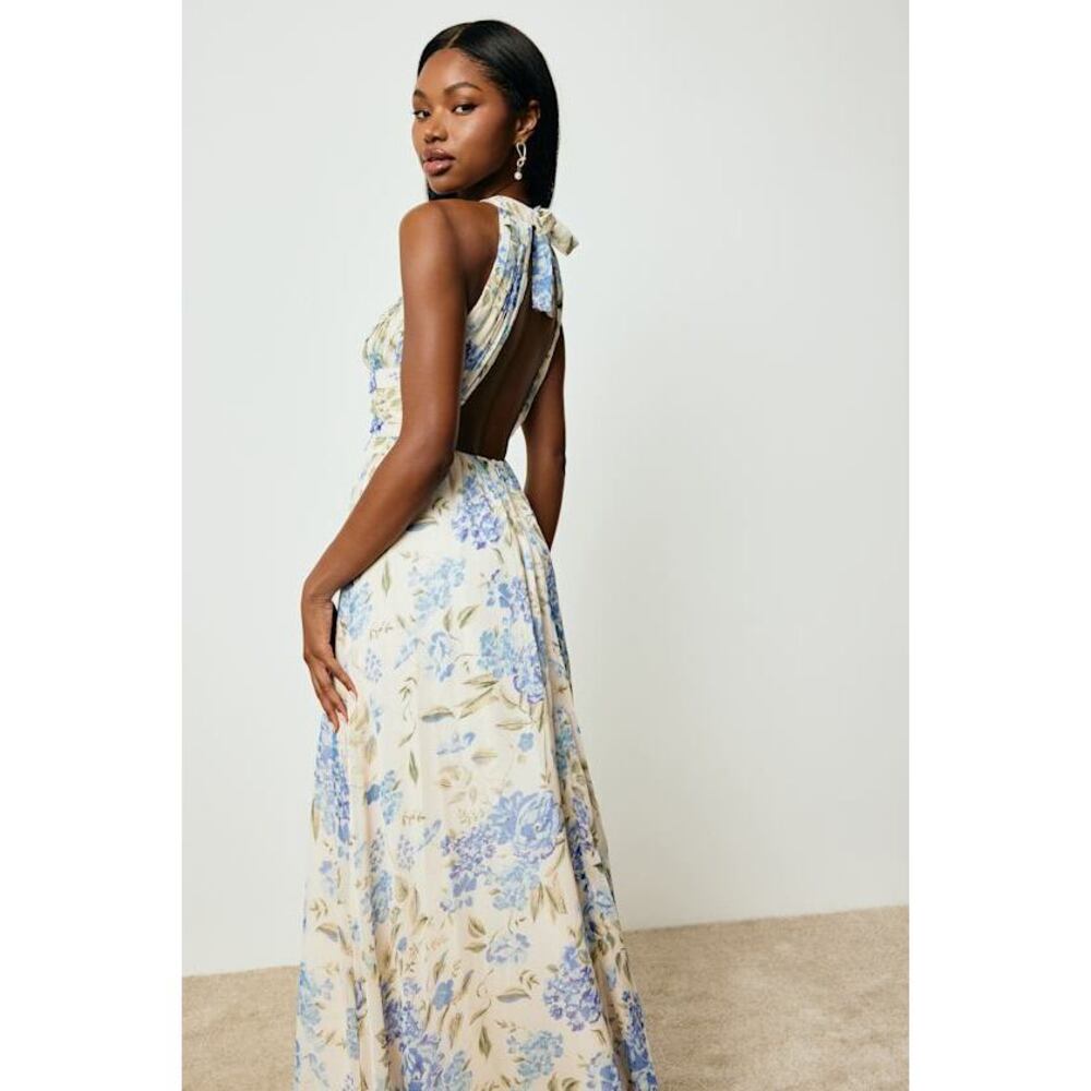Lulu's Cream Maxi Dress with Blue Floral Print